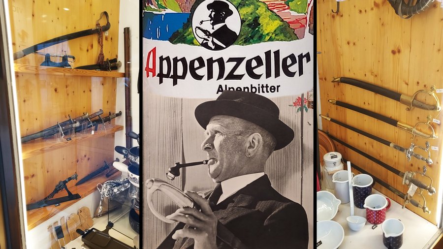 Landsgemeindedegen in den Schaufenstern der Hauptgasse und im Logo des Appenzeller Alpenbitters - © René Buss