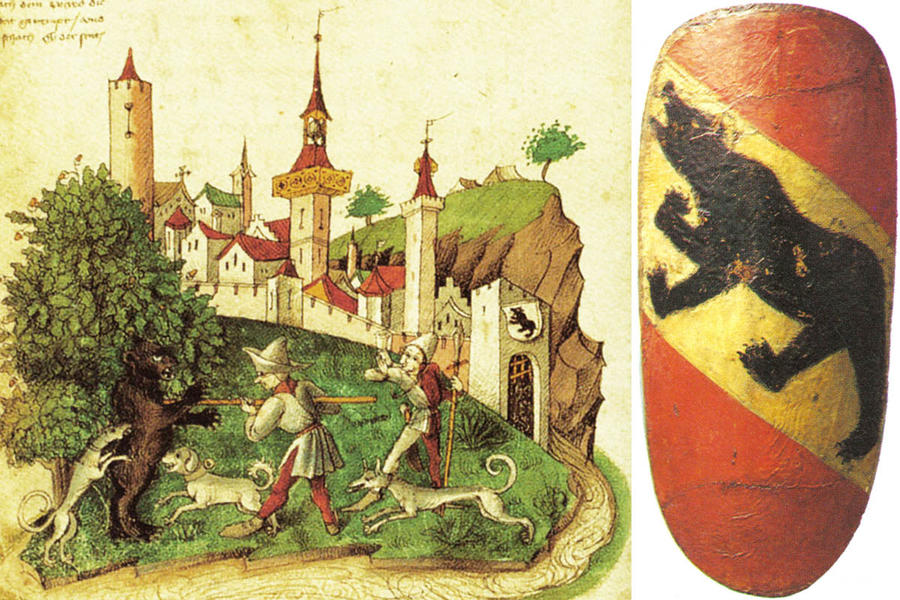 links: Berchtold erlegt den Bären (aus der Tschatlanchronik; 1470) - rechts: Schild mit Berner Wappen; 14. Jahrhundert