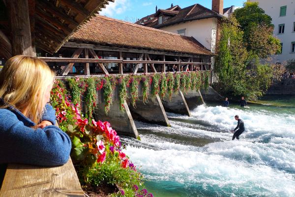 Surfen unter Geranien auf der Aarewelle in Thun - © René Buss
