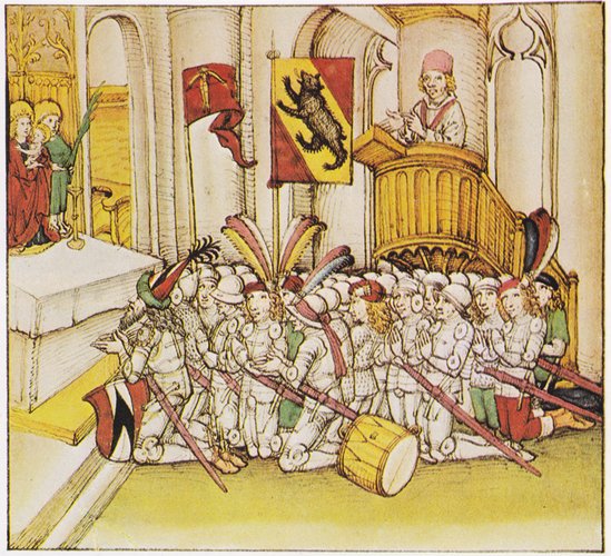 Historische Darstellung von 1458: Schweizer Soldaten beten vor der Schlacht bei Laupen mit weißem Kreuz auf der Brust.