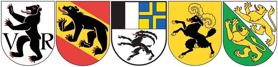 Appenzell (beide Halbkantone), Bern, Graubünden, Schaffhausen und Thurgau mit «gezoteten» Wappentieren.
