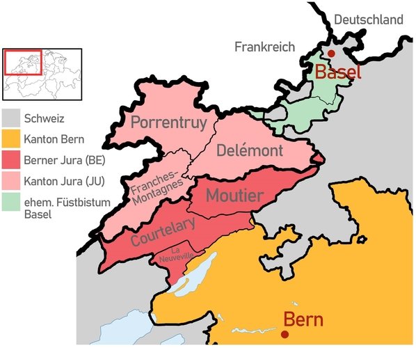 Die drei nördlichen Bezirke im Kanton Jura und die drei Bezirke des Berner Jura.