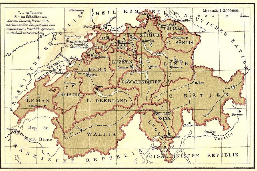 Karte der Helvetischen Republik 1799 mit dem neuen Kanton Thurgau
