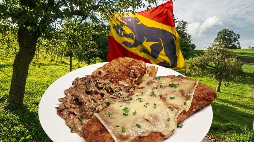 Ein Festmahl im Emmental: «Emmentaler Cordon-Bleu mit Berner Rösti und Pilz-Rahmsoße» (Rezept)